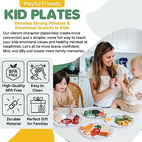 Playful Friends Kid Plates - Toddler Plates Set of 4 - White Melamine Baby Plates - Dishwasher Safe Kids Plates BPA Free w/Vibrant Art - Lightweight Plates - Kids Healthy Mindset - Gifts for Toddlers