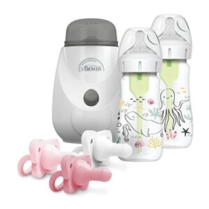 dr. brown’s anti-colic options+ wide-neck baby bottles, 9 oz ocean, level 1 nipple, 2-pack, 0m+ with insta-feed bottle warmer and sterilizer and happypaci pacifier, pink 3-pack