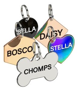 dr. fremont's stainless steel custom pet id personalized engraved identification cat and dog tags with custom text, many shapes including bone, heart, circle (gold stainless steel, small diamond)