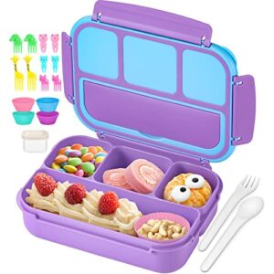 qqko bento lunch box for kids girls boys, toddler kids lunch boxes for school, lunch containers for adults kids with 4 compartments, sauce container, utensils, food picks and muffin cups, purple