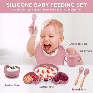 Ealingmoon Silicone Baby Feeding Set 9 Pack, Baby Led Weaning Supplies with Bibs, Suction Bowl, Divided Plate, Spoons, Forks, Sippy Cup with Straw and Lid, Baby Plates and Bowls Set (Pink)