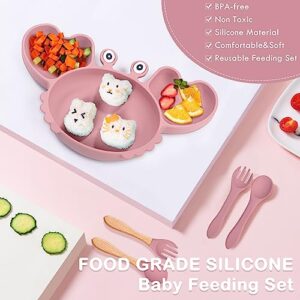 Ealingmoon Silicone Baby Feeding Set 9 Pack, Baby Led Weaning Supplies with Bibs, Suction Bowl, Divided Plate, Spoons, Forks, Sippy Cup with Straw and Lid, Baby Plates and Bowls Set (Pink)