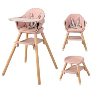 honey joy baby high chair, 6 in 1 convertible wooden highchair for babies and toddlers/toddler chair/bar stool, removable double tray & reversible footrest, safety harness for infant boys girls (pink)