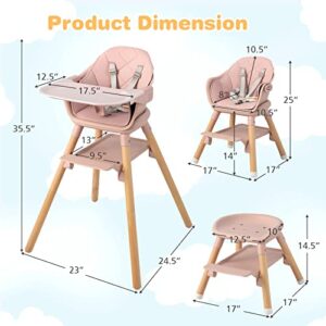 HONEY JOY Baby High Chair, 6 In 1 Convertible Wooden Highchair for Babies and Toddlers/Toddler Chair/Bar Stool, Removable Double Tray & Reversible Footrest, Safety Harness for Infant Boys Girls (Pink)