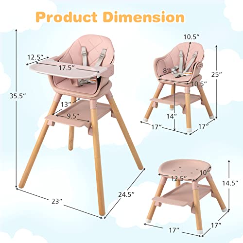 HONEY JOY Baby High Chair, 6 In 1 Convertible Wooden Highchair for Babies and Toddlers/Toddler Chair/Bar Stool, Removable Double Tray & Reversible Footrest, Safety Harness for Infant Boys Girls (Pink)