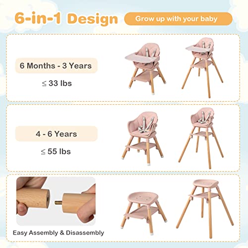 HONEY JOY Baby High Chair, 6 In 1 Convertible Wooden Highchair for Babies and Toddlers/Toddler Chair/Bar Stool, Removable Double Tray & Reversible Footrest, Safety Harness for Infant Boys Girls (Pink)