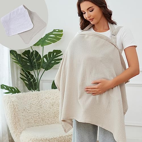 Muslin Nursing Cover for Breastfeeding, Breathable 100% Cotton Privacy Nursing Covers with Rigid Hoop for Mother Nursing Apron, Include Burp Cloths, Soft Arch Neckline Nursing Apron (Gray)