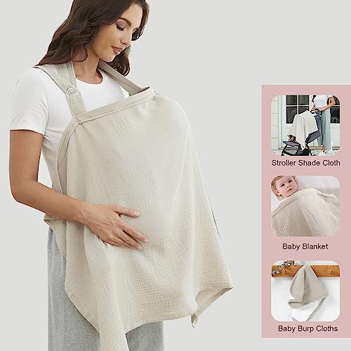 Muslin Nursing Cover for Breastfeeding, Breathable 100% Cotton Privacy Nursing Covers with Rigid Hoop for Mother Nursing Apron, Include Burp Cloths, Soft Arch Neckline Nursing Apron (Gray)