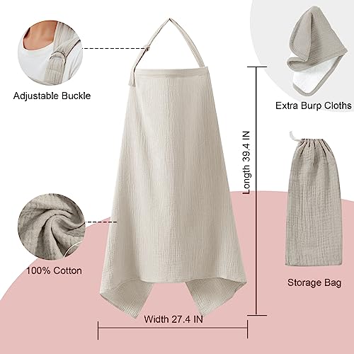 Muslin Nursing Cover for Breastfeeding, Breathable 100% Cotton Privacy Nursing Covers with Rigid Hoop for Mother Nursing Apron, Include Burp Cloths, Soft Arch Neckline Nursing Apron (Gray)