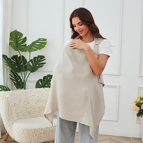 Muslin Nursing Cover for Breastfeeding, Breathable 100% Cotton Privacy Nursing Covers with Rigid Hoop for Mother Nursing Apron, Include Burp Cloths, Soft Arch Neckline Nursing Apron (Gray)