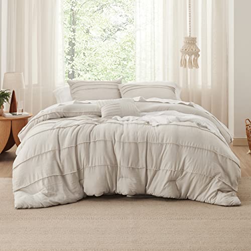 Bedsure Beige Queen Comforter Set - 4 Pieces Pinch Pleat Bed Set, Down Alternative Bedding Sets for All Season, Includes 1 Comforter, 2 Pillowcases, and 1 Decorative Pillow