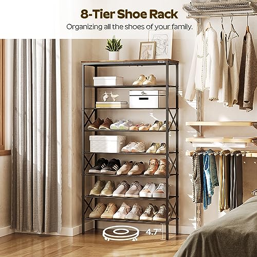 YATINEY 8 Tier Shoe Rack, Shoe Storage Organizer, Holds 32 Pairs of Shoes, Durable and Stable, for Entryway, Hallway, Closet, Dorm Room, Rustic Brown SS08BR