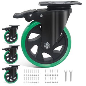 5 inch caster wheels, casters set of 4 heavy duty, bzoliheu locking casters, silent top plate swivel casters with brake, polyurethane castor wheels for furniture and workbench cart, green