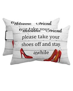 hilariousm farmhouse style barn wood outdoor pillows for chaise lounge chair, red high heels waterproof lumbar head support pillow with adjustable elastic band for pool patio furniture decorative