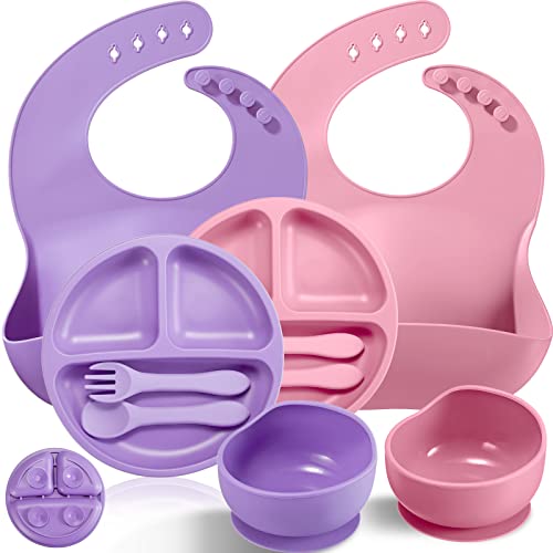 Gejoy 10 Pack Silicone Baby Feeding Set, Toddlers Led Weaning Feeding Supplies with Suction Baby Bowl Divided Plate Adjustable Bib Silicone Spoon Fork, Infant Self Eating Utensil Set (Pink, Purple)