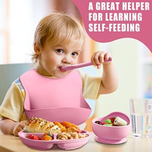 Gejoy 10 Pack Silicone Baby Feeding Set, Toddlers Led Weaning Feeding Supplies with Suction Baby Bowl Divided Plate Adjustable Bib Silicone Spoon Fork, Infant Self Eating Utensil Set (Pink, Purple)
