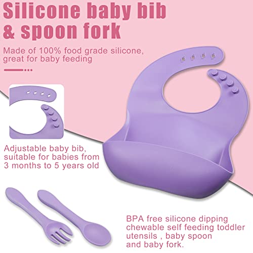 Gejoy 10 Pack Silicone Baby Feeding Set, Toddlers Led Weaning Feeding Supplies with Suction Baby Bowl Divided Plate Adjustable Bib Silicone Spoon Fork, Infant Self Eating Utensil Set (Pink, Purple)