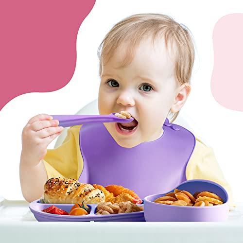 Gejoy 10 Pack Silicone Baby Feeding Set, Toddlers Led Weaning Feeding Supplies with Suction Baby Bowl Divided Plate Adjustable Bib Silicone Spoon Fork, Infant Self Eating Utensil Set (Pink, Purple)