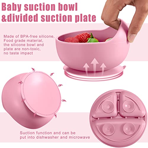 Gejoy 10 Pack Silicone Baby Feeding Set, Toddlers Led Weaning Feeding Supplies with Suction Baby Bowl Divided Plate Adjustable Bib Silicone Spoon Fork, Infant Self Eating Utensil Set (Pink, Purple)