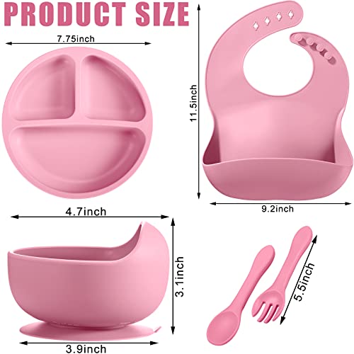 Gejoy 10 Pack Silicone Baby Feeding Set, Toddlers Led Weaning Feeding Supplies with Suction Baby Bowl Divided Plate Adjustable Bib Silicone Spoon Fork, Infant Self Eating Utensil Set (Pink, Purple)