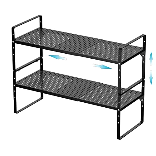 iPEGTOP 2 Pack Large Expandable Kitchen Cabinet Shelf Organizer Rack, Heavy Duty Steel Stackable Pantry Storage Shelves Rack, Cupboard Shelf for Home Office Kitchen Bathroom Garage, Black