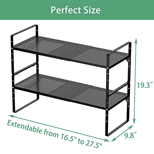 iPEGTOP 2 Pack Large Expandable Kitchen Cabinet Shelf Organizer Rack, Heavy Duty Steel Stackable Pantry Storage Shelves Rack, Cupboard Shelf for Home Office Kitchen Bathroom Garage, Black