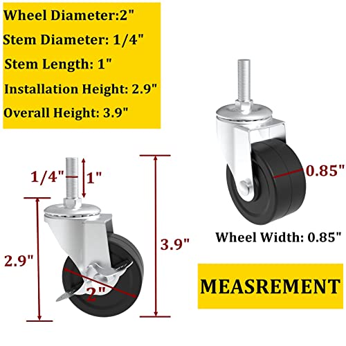 2-Inch Casters, Caster Wheels Set of 4, Threaded Stem Rubber Casters (Screw Diameter 1/4"-20, Length 1") for Wire Shelves Rack Legs and Furniture Castors Replacement with Locking Brakes