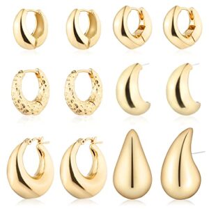 wgoud gold hoop earrings for women, chunky lightweight waterdrop thick open hoop earrings, hypoallergenic huggie hoops earrings jewelry gifts for women girls. (6 gold hoops)