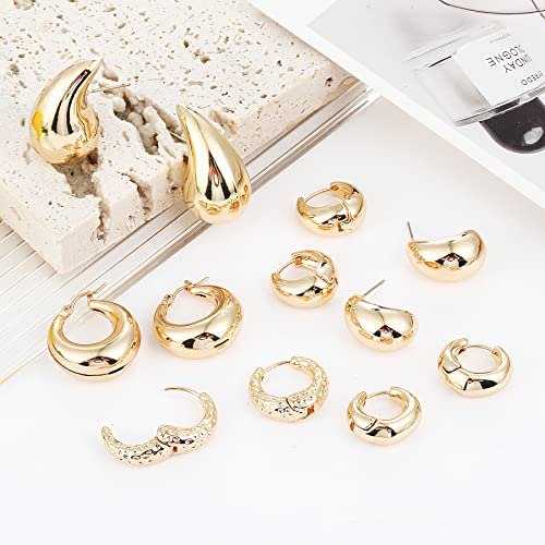 Wgoud Gold Hoop Earrings for Women, Chunky Lightweight Waterdrop Thick Open Hoop Earrings, Hypoallergenic Huggie Hoops Earrings Jewelry Gifts for Women Girls. (6 gold hoops)