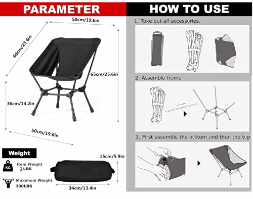 Ovyuzhen Portable Camping Chair, Folding Chair Supports 330lbs with Side Pockets Lightweight Heavy Duty for Outdoor Fishing Picnic Beach Hiking Backpacking Travel