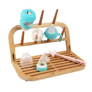 SILICOCO Baby Bottle Drying Rack, Bamboo Dish Drying Rack Foldable Organizer Holder with Locking Buckle, Baby Bottle Holder for Plastic Bags, Cups, Accessories