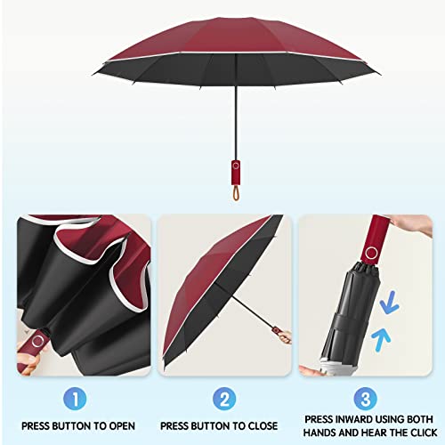 RainBOSS Automatic Travel Umbrella with 10 Ribs, Large Windproof Umbrellas for Rain & Sun, Compact Folding Inverted Umbrella with Reflective Stripe, Wine red