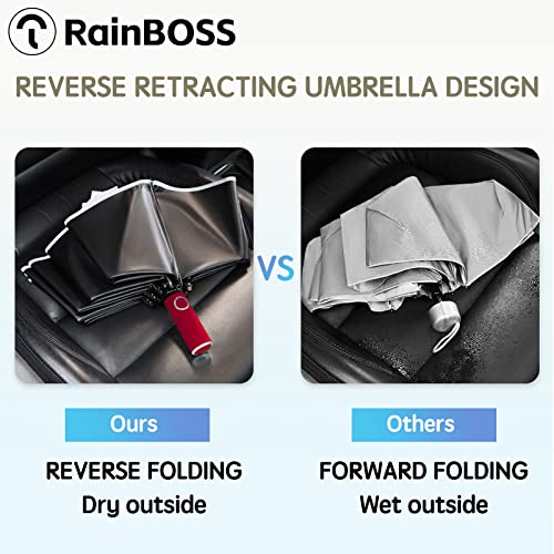 RainBOSS Automatic Travel Umbrella with 10 Ribs, Large Windproof Umbrellas for Rain & Sun, Compact Folding Inverted Umbrella with Reflective Stripe, Wine red