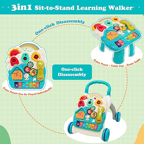 Sit-to-Stand Learning Walker 3 in1 Baby Walker Early Education Activity Center with Lights Sounds Music Phone Multifunctional Removable Play Panel Educational Push Toy Gift for Boys Girls