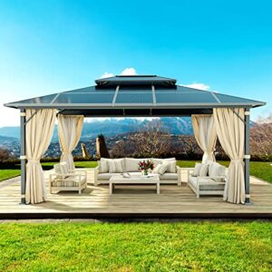 aoxun 10'x13' hardtop gazebo, outdoor polycarbonate double roof gazebo with aluminum frame permanent pavilion and curtains & netting for backyard, patio, deck, parties (brown)