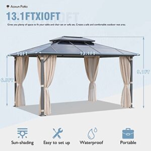 Aoxun 10'x13' Hardtop Gazebo, Outdoor Polycarbonate Double Roof Gazebo with Aluminum Frame Permanent Pavilion and Curtains & Netting for Backyard, Patio, Deck, Parties (Brown)