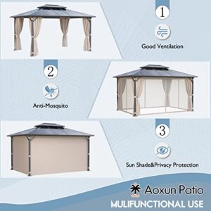 Aoxun 10'x13' Hardtop Gazebo, Outdoor Polycarbonate Double Roof Gazebo with Aluminum Frame Permanent Pavilion and Curtains & Netting for Backyard, Patio, Deck, Parties (Brown)