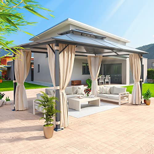 Aoxun 10'x13' Hardtop Gazebo, Outdoor Polycarbonate Double Roof Gazebo with Aluminum Frame Permanent Pavilion and Curtains & Netting for Backyard, Patio, Deck, Parties (Brown)