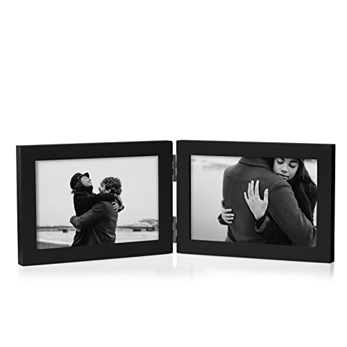 Tamolus 4x6 Double Horizontal Hinged Picture Frame Folding Photo Frame in Black Pine Wood with Real Glass for Tabletop P-HEI-2H46