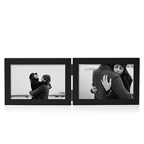 Tamolus 4x6 Double Horizontal Hinged Picture Frame Folding Photo Frame in Black Pine Wood with Real Glass for Tabletop P-HEI-2H46