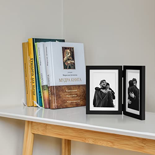 Tamolus 4x6 Double Horizontal Hinged Picture Frame Folding Photo Frame in Black Pine Wood with Real Glass for Tabletop P-HEI-2H46