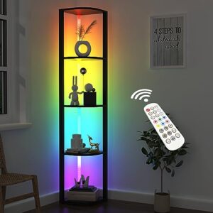 rojasop 5 tiers corner shelf with light tall display shelf for collectibles control multiple color lights via app and remote control floor lamp with shelf supports dimming for living room bedroom home
