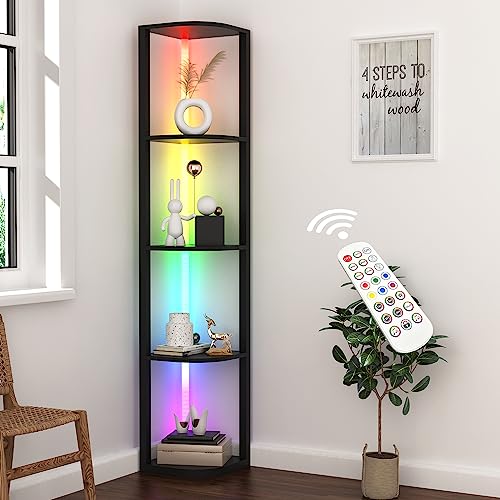 ROJASOP 5 Tiers Corner Shelf with Light Tall Display Shelf for Collectibles Control Multiple Color Lights via APP and Remote Control Floor Lamp with Shelf Supports Dimming for Living Room Bedroom Home