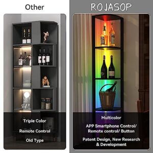 ROJASOP 5 Tiers Corner Shelf with Light Tall Display Shelf for Collectibles Control Multiple Color Lights via APP and Remote Control Floor Lamp with Shelf Supports Dimming for Living Room Bedroom Home