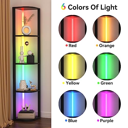 ROJASOP 5 Tiers Corner Shelf with Light Tall Display Shelf for Collectibles Control Multiple Color Lights via APP and Remote Control Floor Lamp with Shelf Supports Dimming for Living Room Bedroom Home