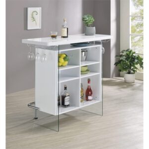 Pemberly Row 47.25" W Contemporary Wood Bar Unit in Gloss White/Clear