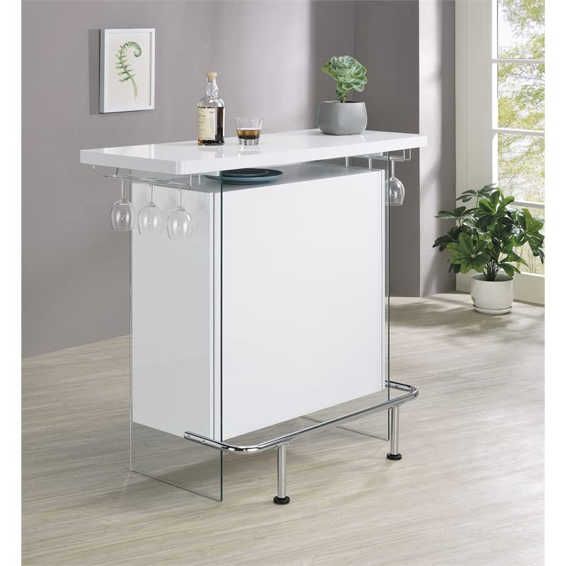 Pemberly Row 47.25" W Contemporary Wood Bar Unit in Gloss White/Clear