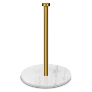 heshibi paper towel holder countertop with 7" weighted white marble base - modern free standing paper roll holder, brushed gold stainless steel stand paper towel holder for kitchen and bathroom