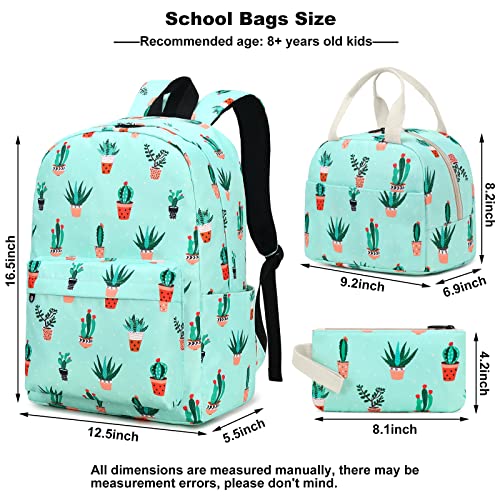 Esfoxes Cactus School Backpack for Girls, Kids Teens School Bags Bookbags Set with Lunch Bag Pencil Bag