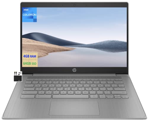 HP 2023 est Chromebook Laptop Student Business,14'' HD Display,Quad-Core Intel Celeron N4120 Processor,4GB RAM,64GB eMMC,720p Webcam,WiFi,Bluetooth,14+ Hrs Battery,Chrome OS+MarxsolCables Modern Gray